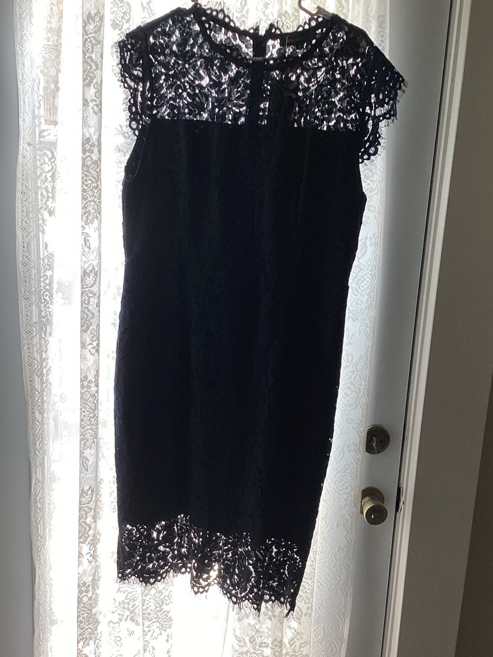 Lace covered navy blue Midi Dress with Illusion Yoke